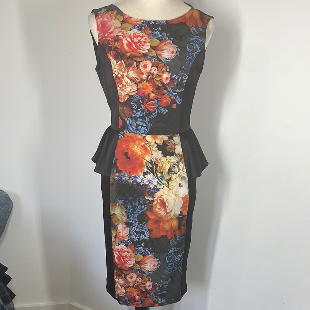 Black and Orange Sheath Dress with Peplum Detail for Cocktail